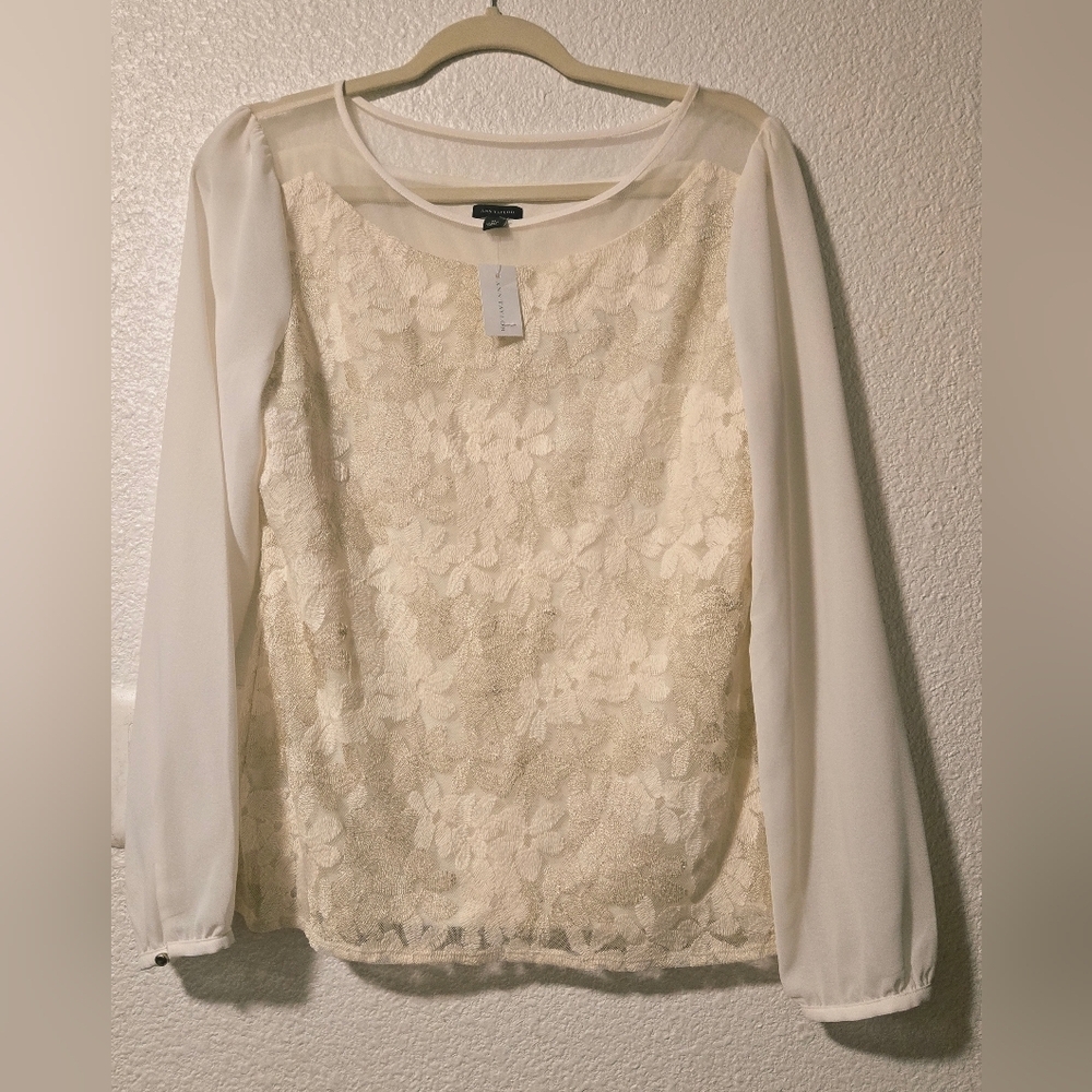 Ann Taylor Lace Front Long-Sleeve Blouse in Ivory